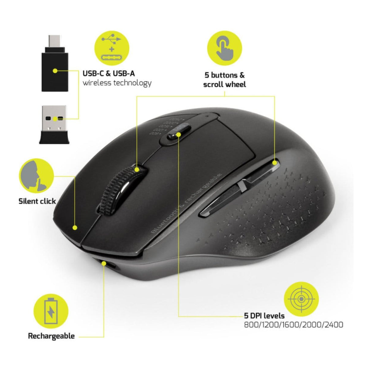 Port Designs 900715 Mouse Right-Hand RF Wireless+Bluetooth Optical 2400dpi