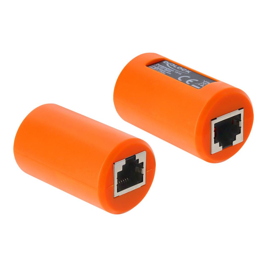 Delock CAT6A Shielded RJ45 Female to Female Coupler with Surge Protection Orange 90988