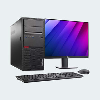 ThinkPad desktop computer bundle featuring a black tower PC, a matching black monitor with a purple and blue display, a keyboard, and a mouse on a light gray background.