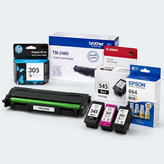 A set of Brother, Canon, and Epson toner cartridges and their retail boxes arranged on a light gray studio background. Visible products include HP 305 cartridges, a Brother TN-2480 toner cartridge, a Canon FC-P45 toner cartridge, and Epson 664 and 305 cartridges.