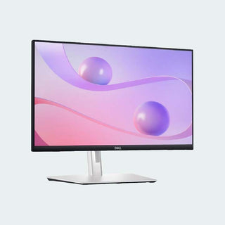 A Dell computer monitor with a black bezel and stand, displaying a purple and pink abstract wallpaper on a light gray background.