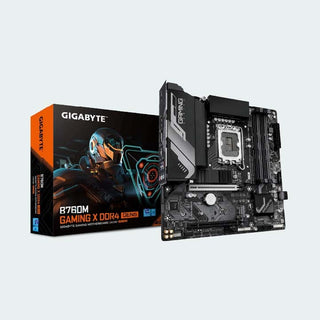Gigabyte R7800M Gaming X DDR4 Gaming Motherboard shown next to its retail packaging box on a light gray background.