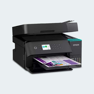 An Epson all-in-one wireless printer in black, shown with its lid open and a printed document emerging from the output tray, on a light gray background.