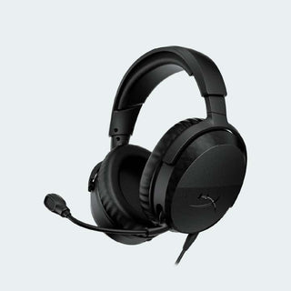 Black over-ear gaming headset with an adjustable boom microphone, shown on a light gray background.