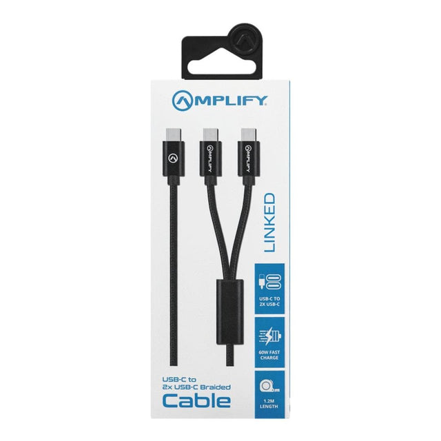 Amplify 1.2m Linked Series USB-C to 2x USB-C Braided Cable Black AM-30006-BK