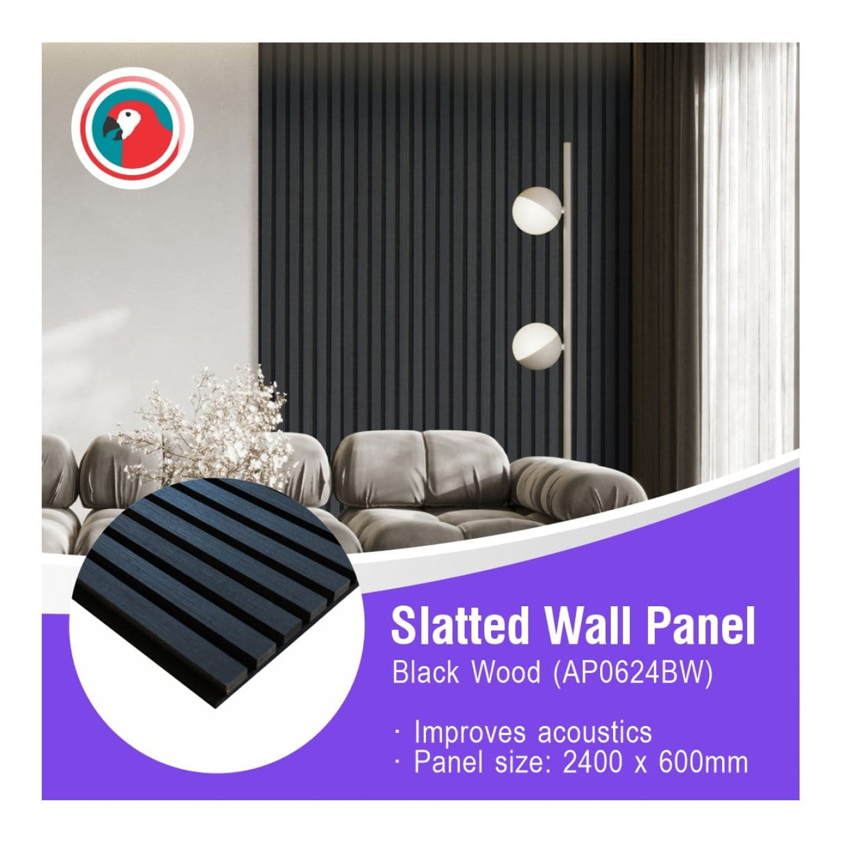 Parrot 600x2400mm Slatted Wall Panel Black Wood AP0624BW
