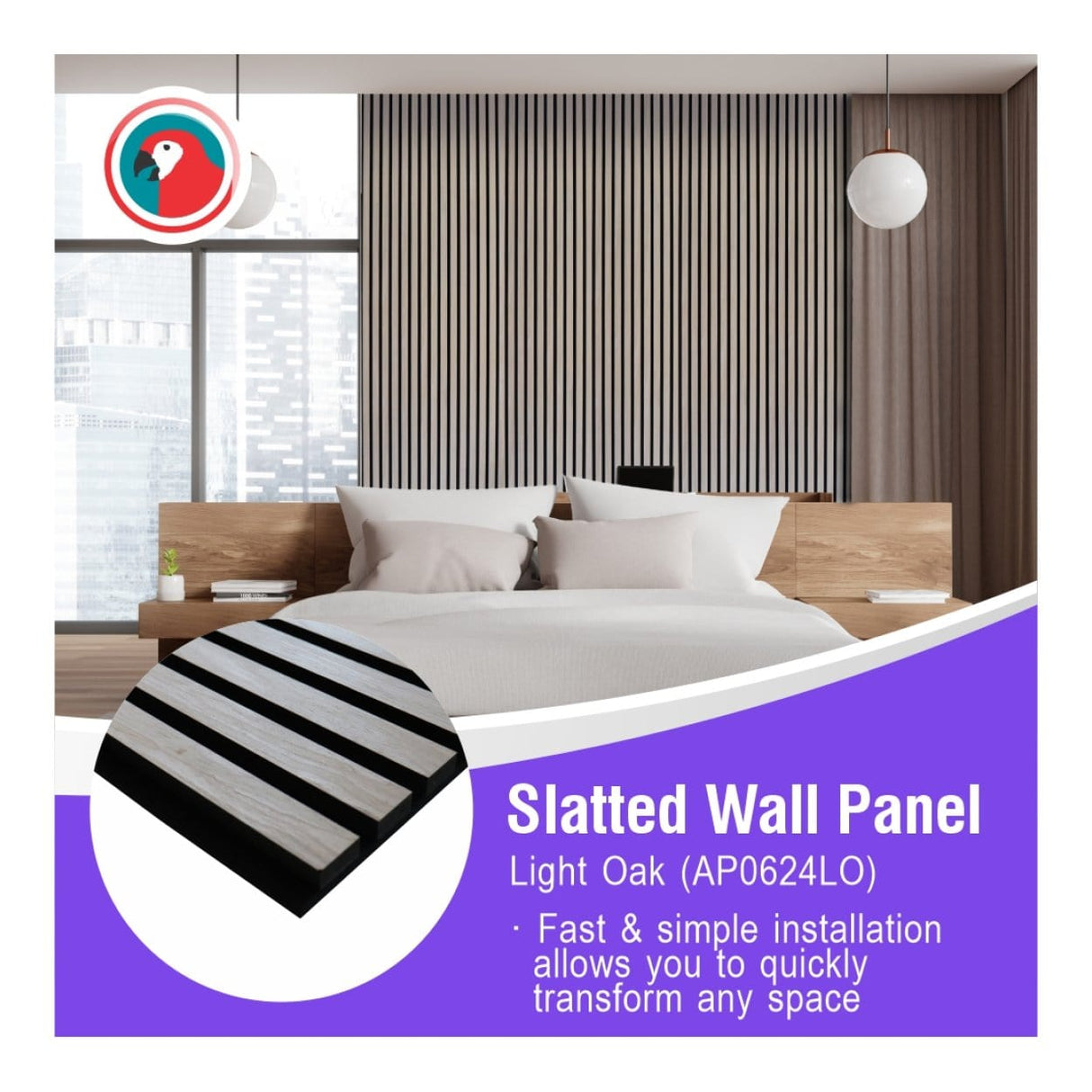 Parrot 600x2400mm Slatted Wall Panel Light Oak AP0624LO