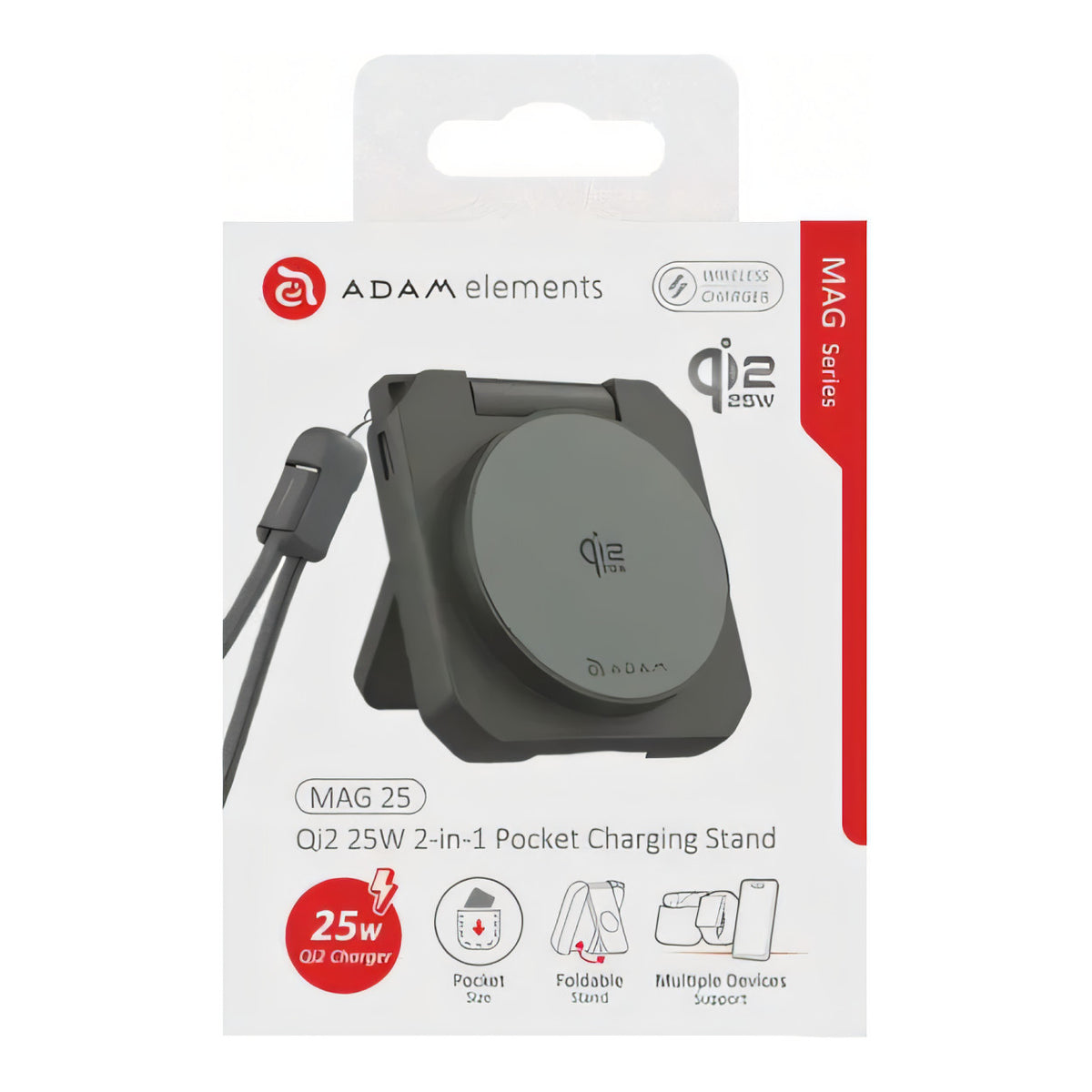 Adam Elements MAG 25 Qi2 25W 2-in-1 Pocket Charging Stand - Grey APAADMAG25GY