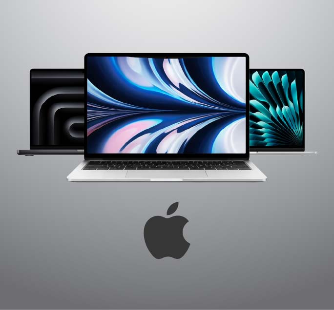 Three Apple laptop devices are shown floating against a light gray gradient background, with a large Apple logo centered below. The middle device is open and in front, with a black laptop behind it and a silver tablet to the right.