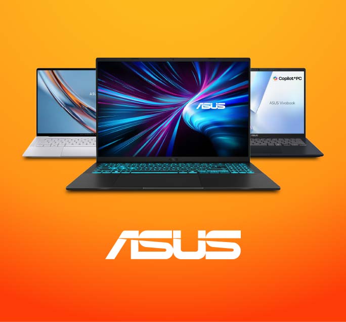 Three ASUS laptops arranged in a row against a bright orange gradient background, with the central laptop open and in focus while the two behind it are slightly blurred. The ASUS logo is displayed prominently below the laptops.