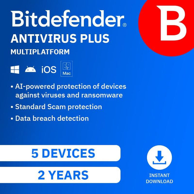 Bitdefender Anti-Virus PLUS Multi Platform 5 Device 2-Year Subscription Download