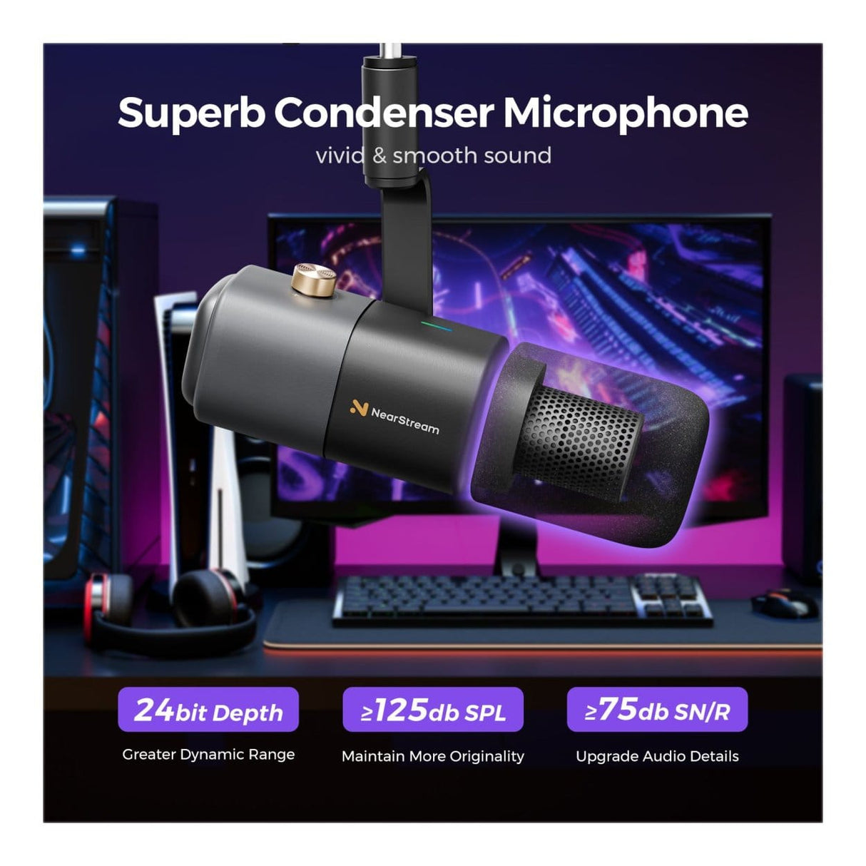 NearStream AM20X AI Noise-Canceling Condenser Microphone with Boom Arm