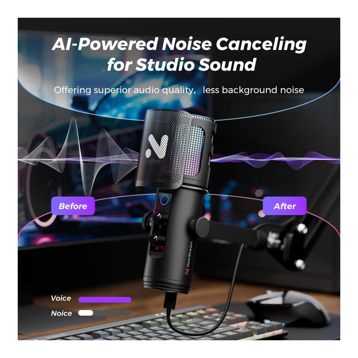 NearStream AM30U AI Noise-Canceling Condenser Microphone with Boom Arm