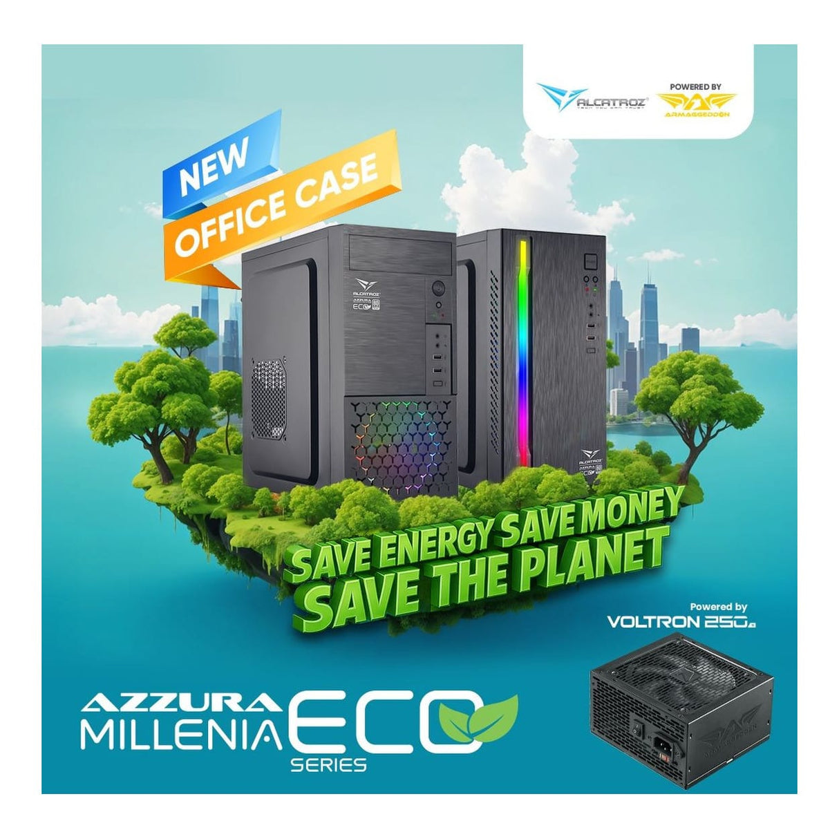 Alcatroz Azzura Millenia ECO M100 MicroATX PC Case with Voltron 250 S PSU AZZURAMECOM100