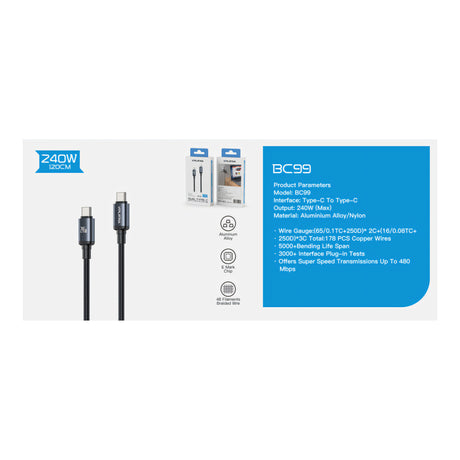 VIPLATINA BC99 1.2m 240W USB-C Fast Charging Cable