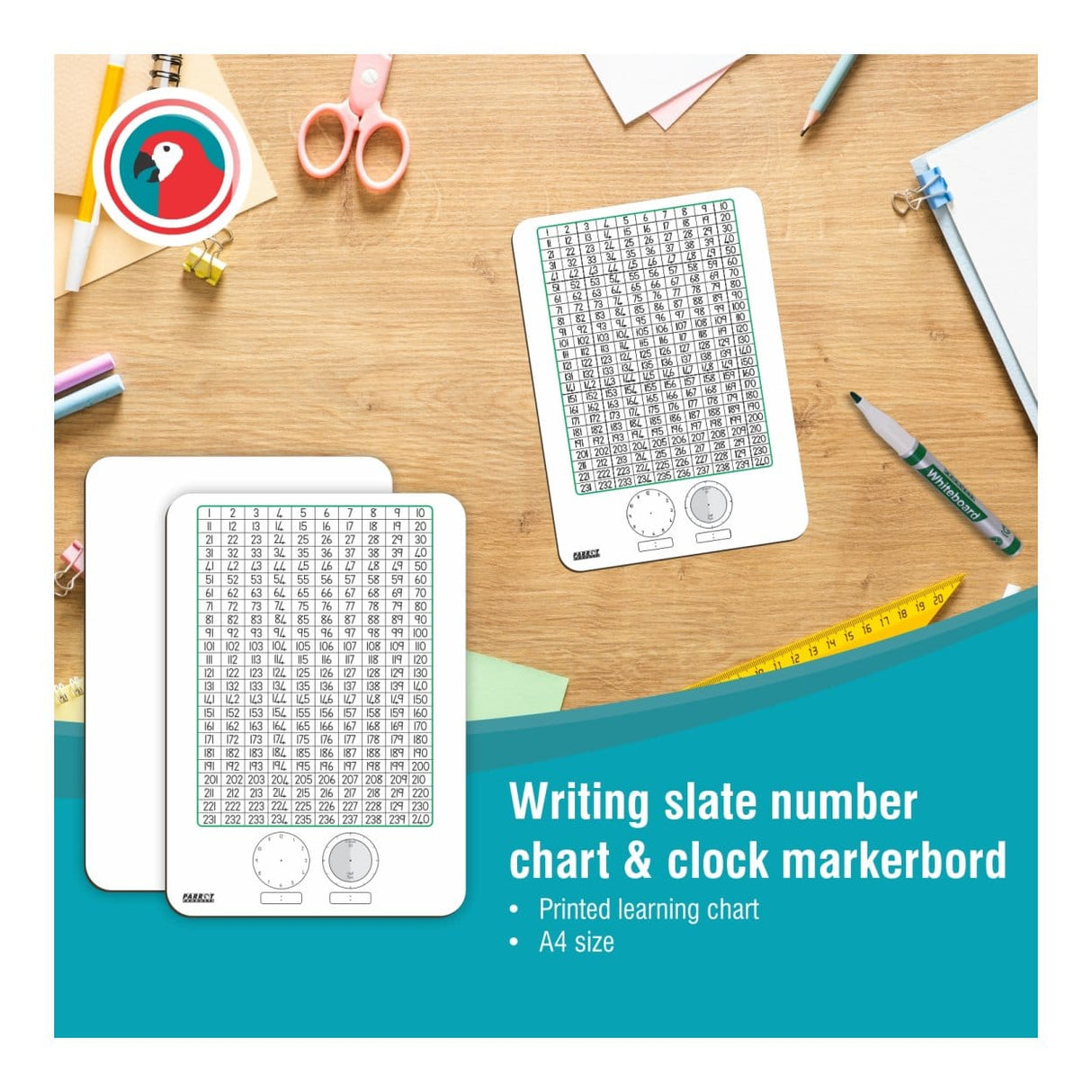 Parrot 297x210mm Tens Writing Slate Number Chart and Clock Markerboard BD1002D