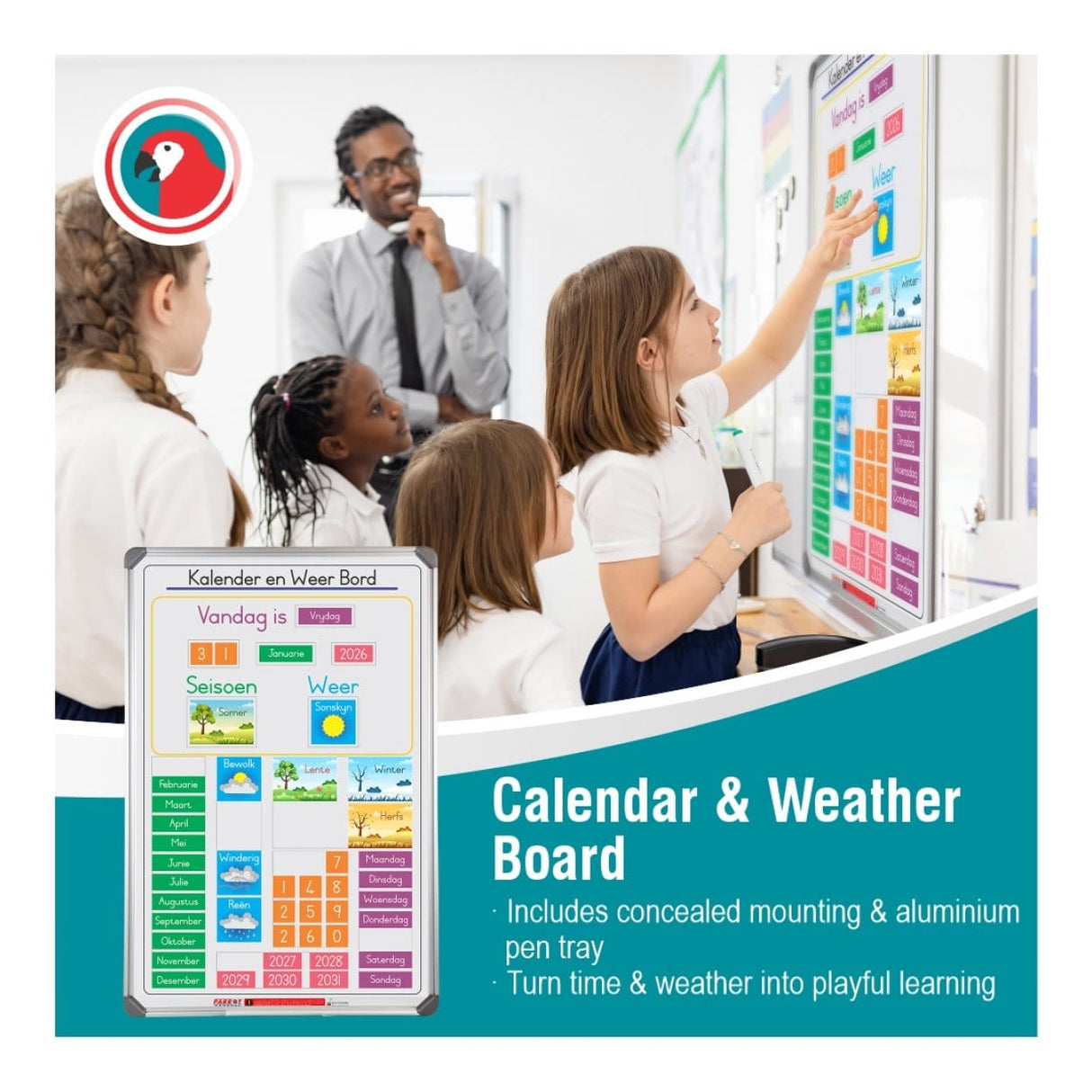 Parrot 900x600mm Slimline Magnetic Calendar And Weather Board Afrikaans BD1125CW-A