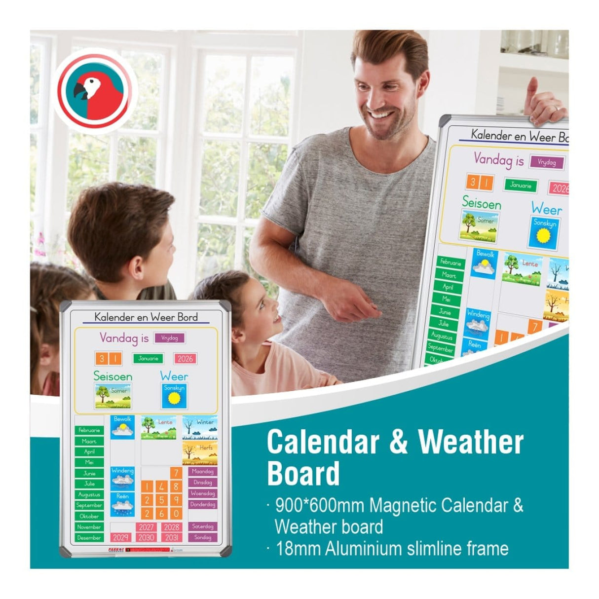 Parrot 900x600mm Slimline Magnetic Calendar And Weather Board Afrikaans BD1125CW-A
