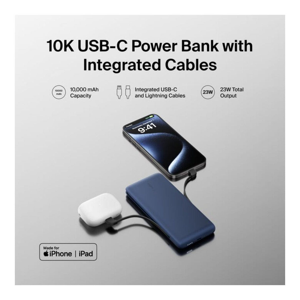 Belkin BoostCharge Plus 10000mAh USB-C Power Bank with Integrated Cables Powerbank - Blue BPB006BTBLU