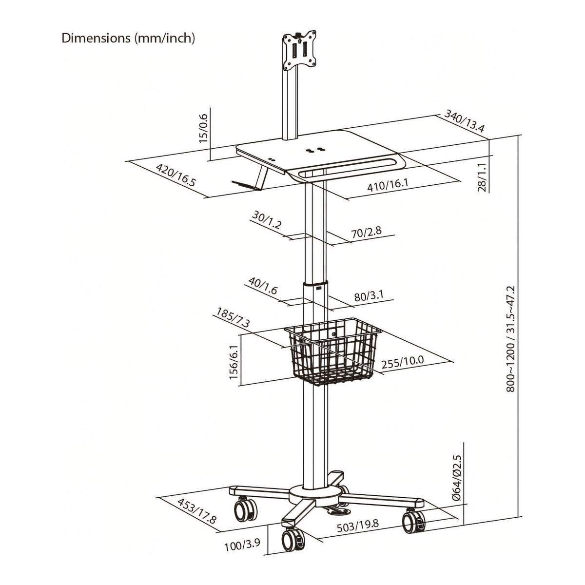 LinkQnet MED13-2 17-32-inch Monitor Mount Pneumatic Height-Adjustable Medical Cart BRK-MED13-2