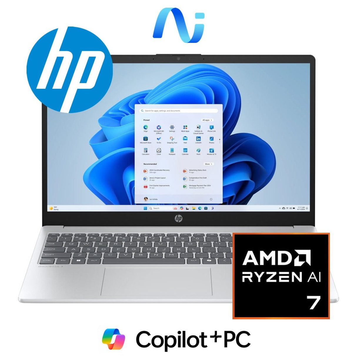 HP OmniBook 3 15-fn0001ni 15.6-inch FHD Next Gen AI Laptop - AMD Ryzen 7 350 512GB SSD 16GB RAM Win 11 Home Glacier Silver