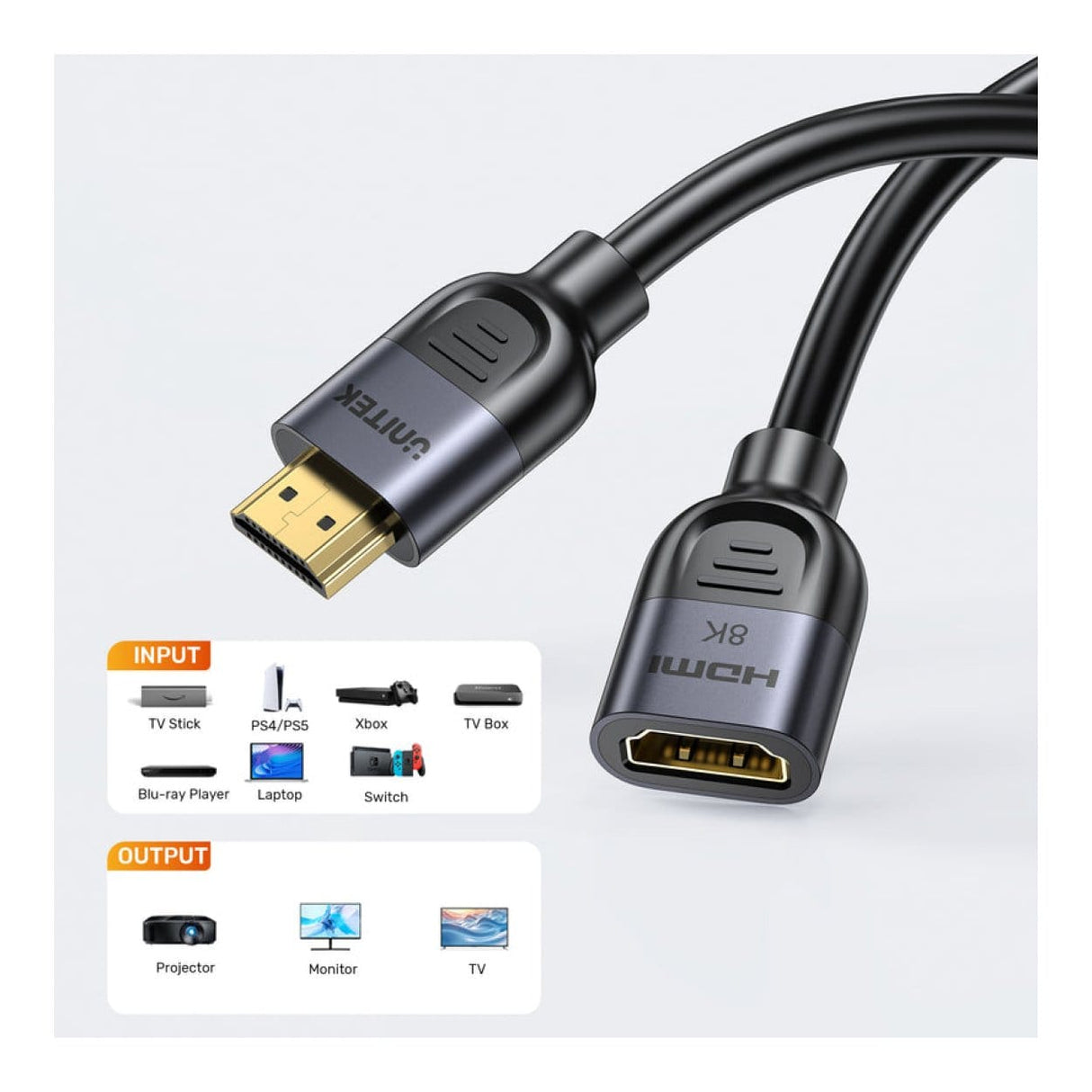 Unitek Ultra Stream 8K HDMI Male to Female Extension Cable 0.5m C11091AGY01-0.5M