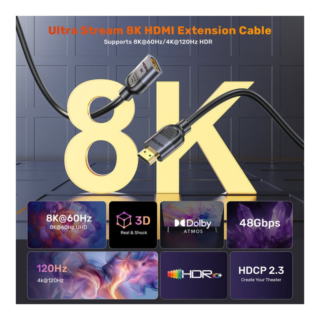 Unitek Ultra Stream 8K HDMI Male to Female Extension Cable 3m C11091AGY01-3M