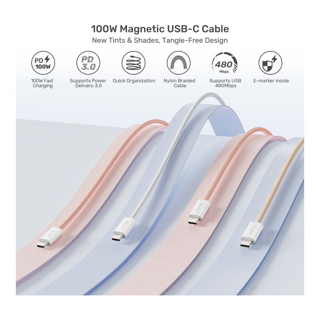Unitek 100W Magnetic Type-C Male to Male Cable 1m White C14141AWH01-1M