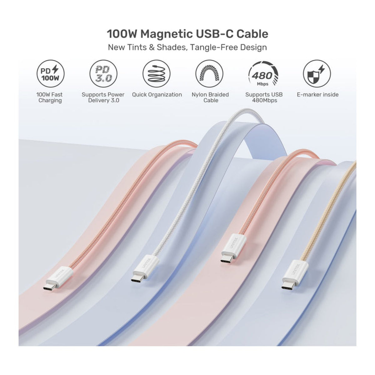 Unitek 100W Magnetic USB-C to USB-C Cable 1m Cream Latte C14141SCL