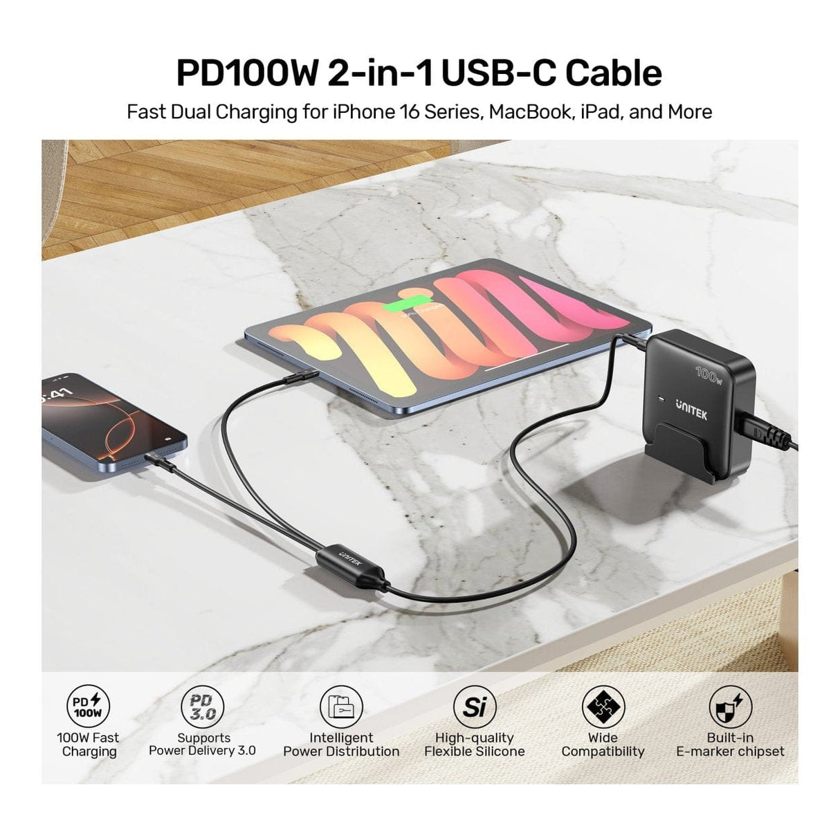 Unitek 2-in-1 100W Type-C Cable 1.8m C14146ABK-1.8M