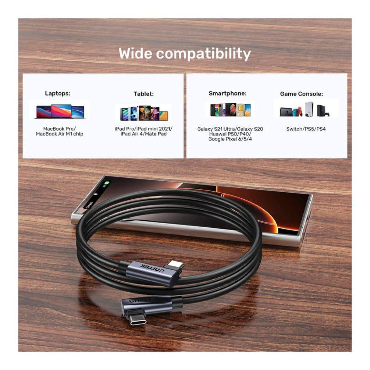 Unitek 1m PD 100W USB-C Right Angle Cable C14147ABK01-1M