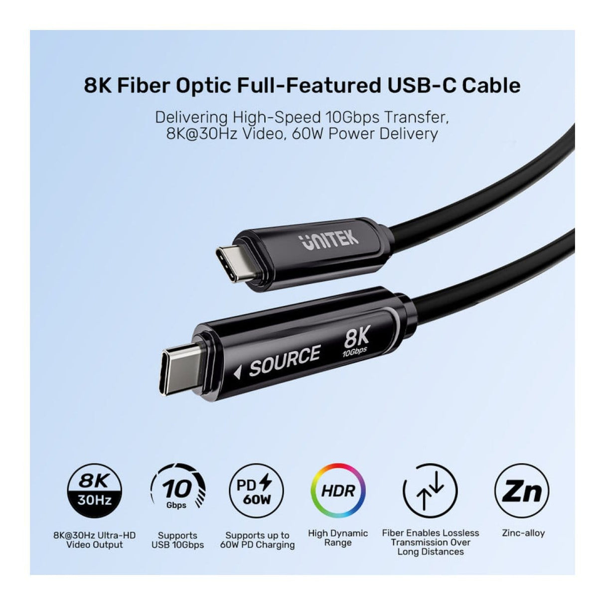 Unitek 8K Fiber Optic Type-C Male to Male Full-Featured Cable 10m C14178ABK01-10M