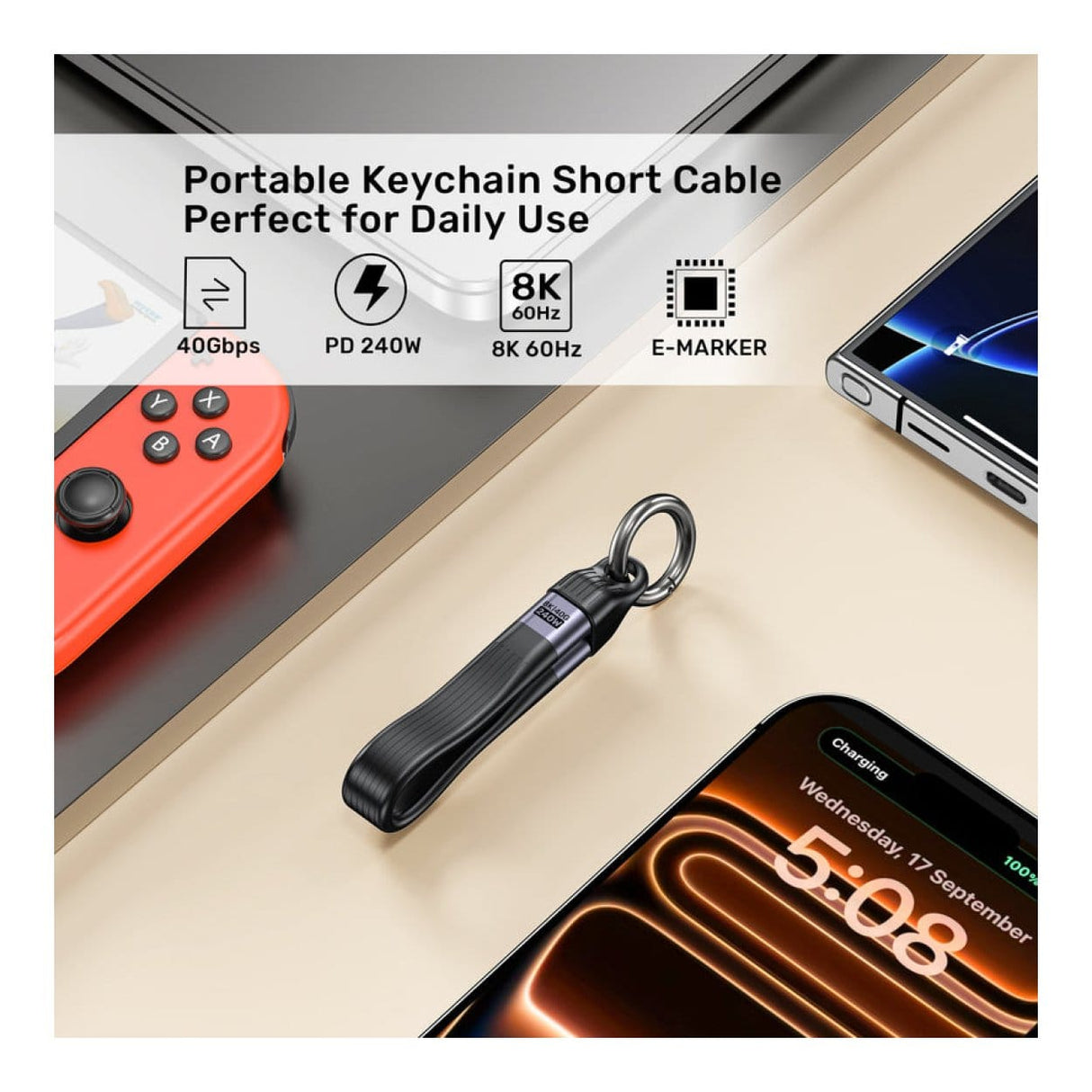 Unitek 240W Type-C USB4 Full-Featured Keychain Cable C14179ABK01-0.13M