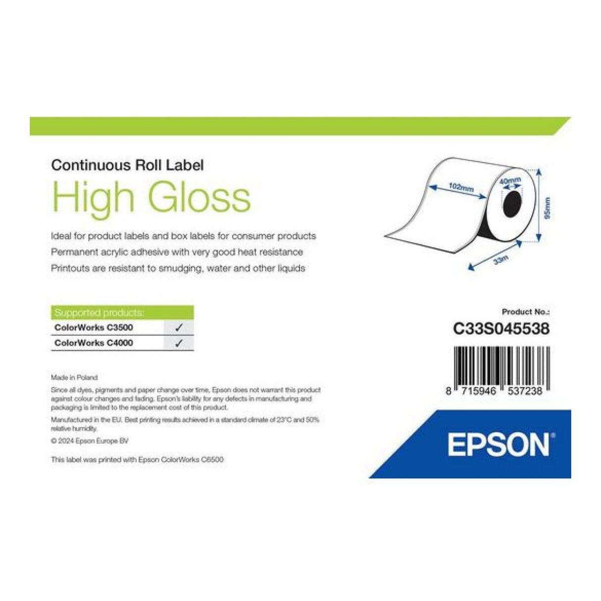 Epson 102mmx33m Gloss Label Roll C33S045538