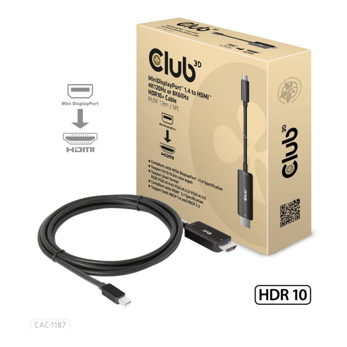 Club 3D 1.8m Mini Display Port 1.4 to HDMI 4K120Hz or 8K60Hz HDR10+ Cable Black CAC-1187
