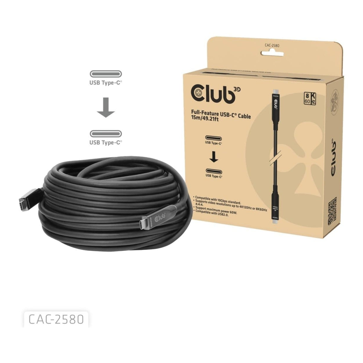 Club 3D 15m 8K 60HZ 10GBPS 60W USB-C AOC Cable Black CAC-2580