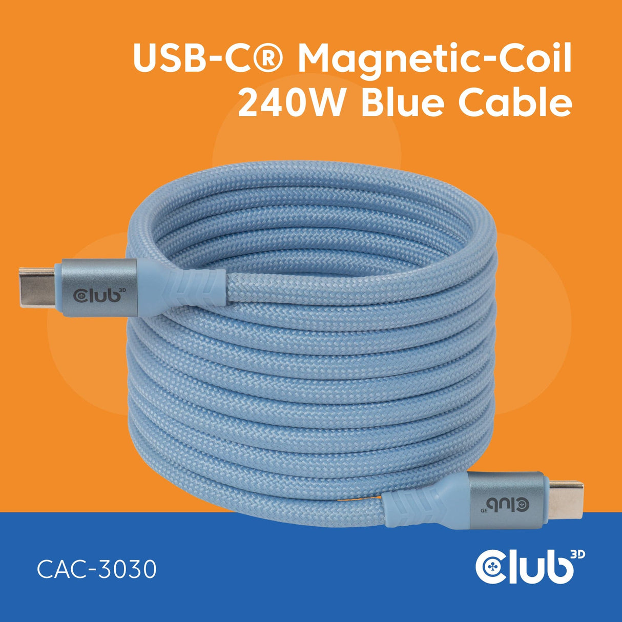 Club 3D 2m USB-C Magnetic Coil 240W PD3.1 Cable Blue CAC-3030