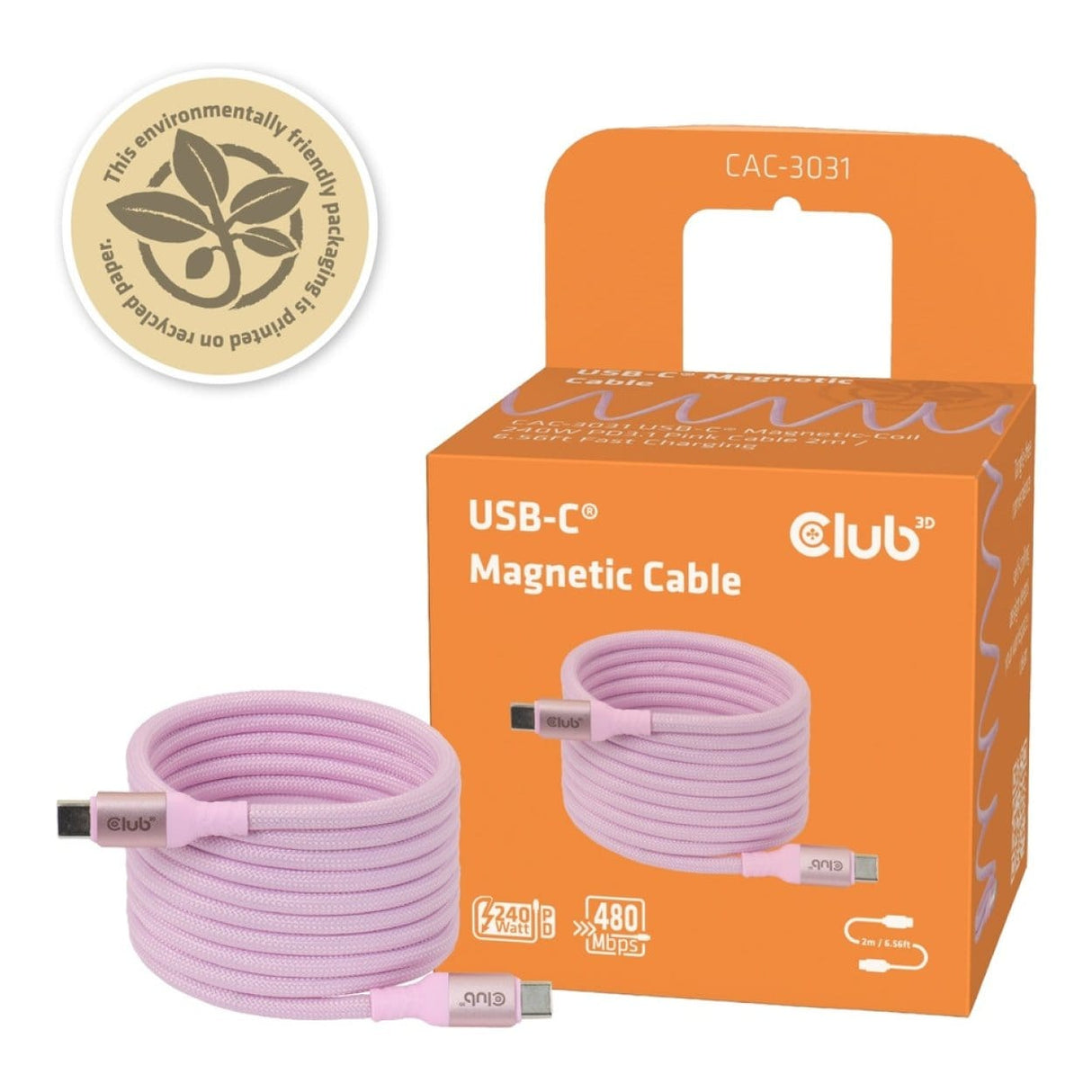 Club 3D 2m USB-C Magnetic Coil 240W PD3.1 Cable Pink CAC-3031