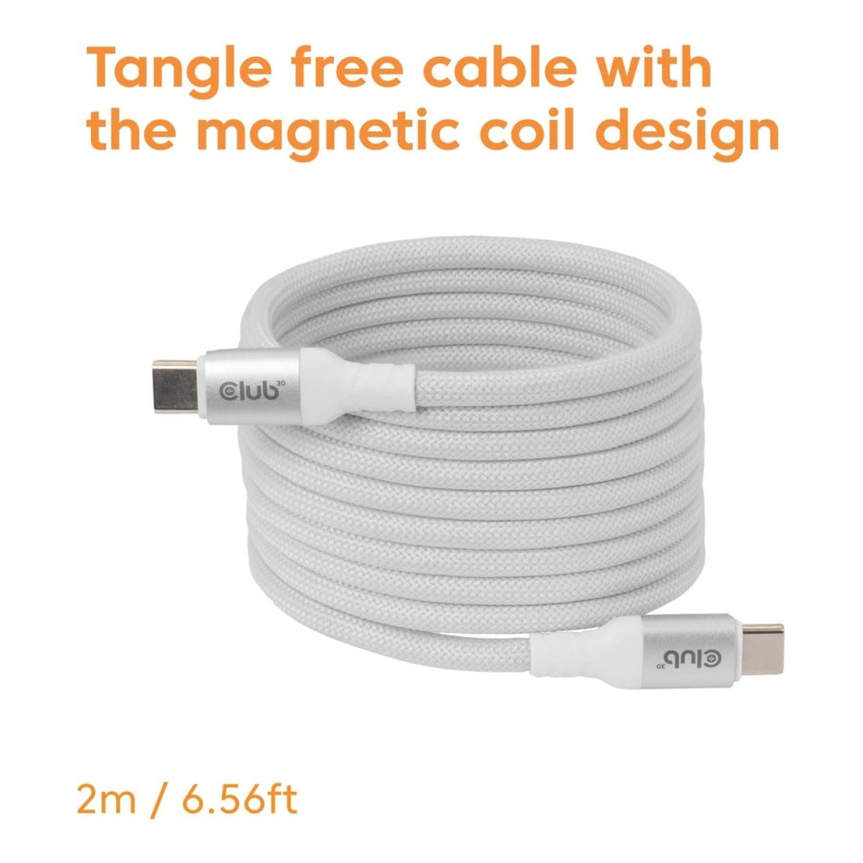 Club 3D 2m USB-C Magnetic Coil 240W PD3.1 Cable White CAC-3032