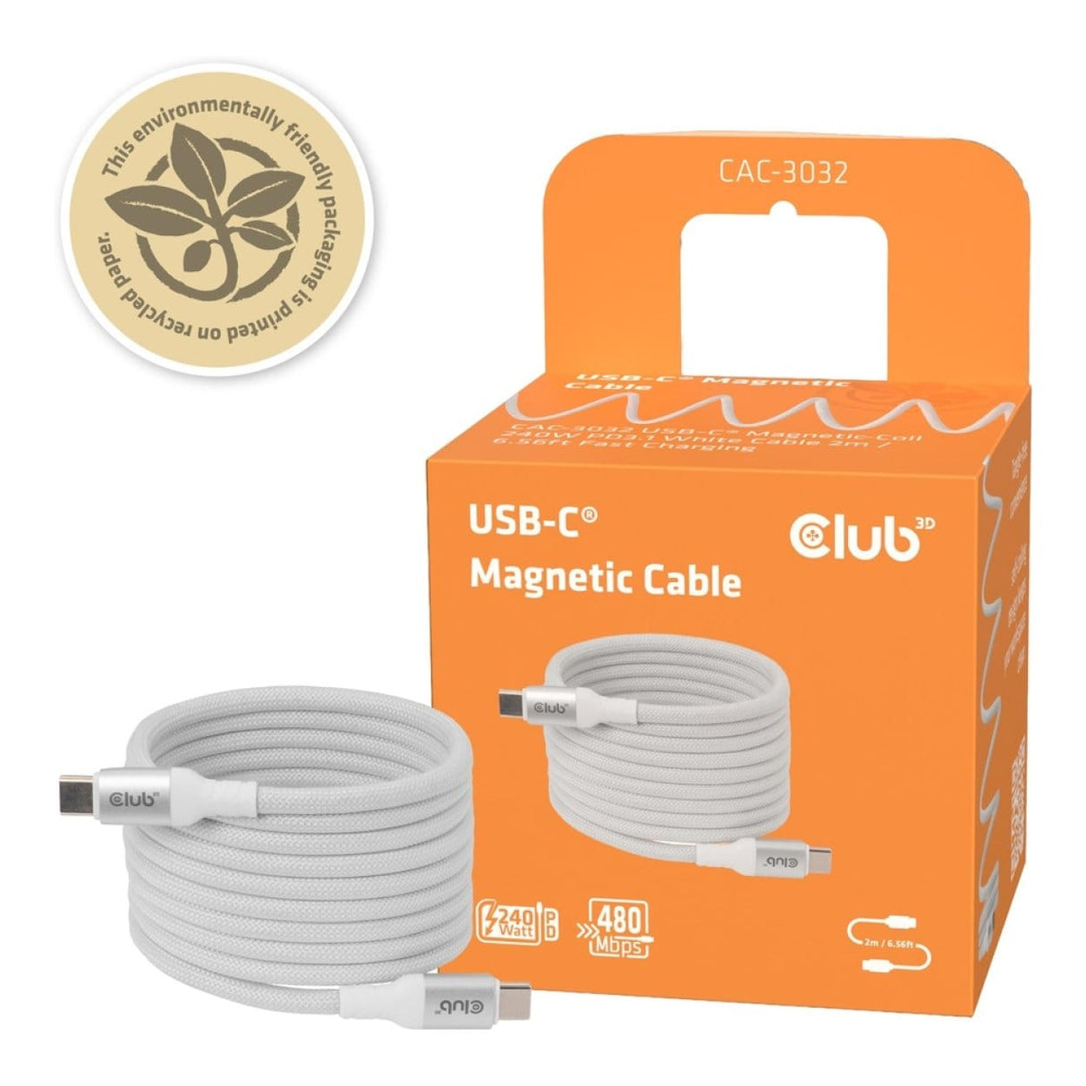 Club 3D 2m USB-C Magnetic Coil 240W PD3.1 Cable White CAC-3032