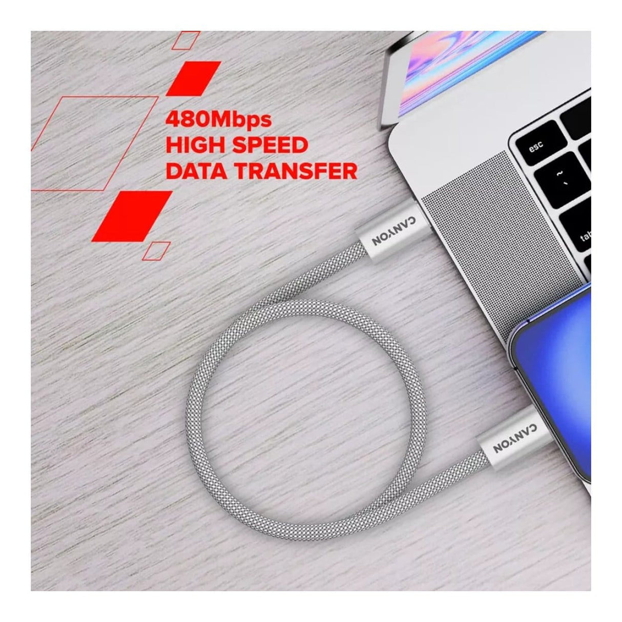 Canyon OnWire 60MG Type-C Male to Male Braided Cable 1m Light Grey CND-CCMG60AB15LG