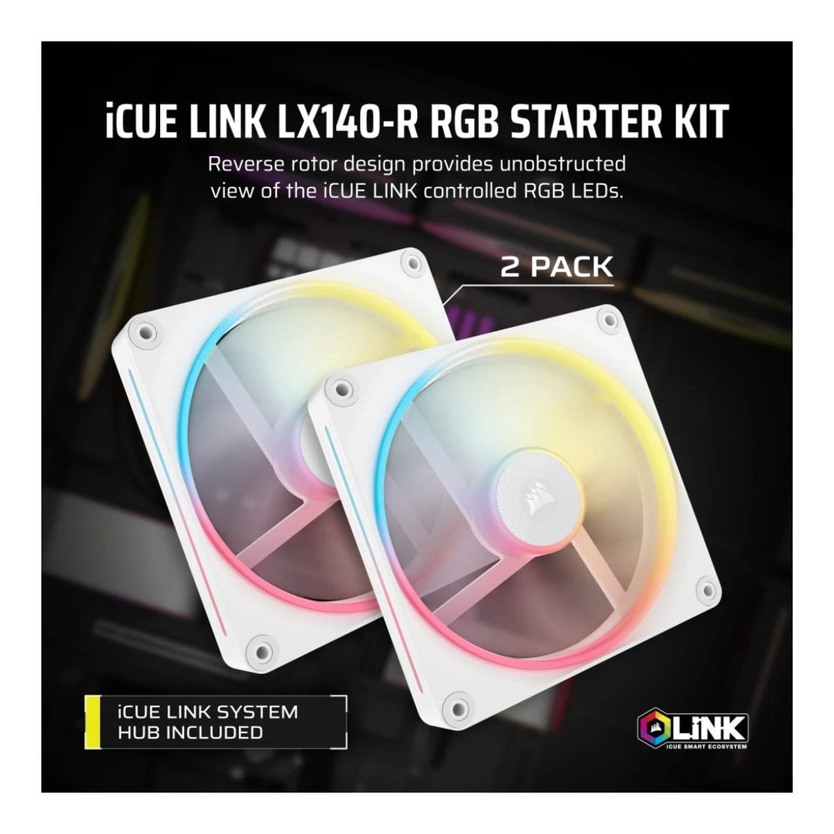 Corsair iCUE LINK LX140-R RGB 140mm PWM Reverse Fans Starter Kit - White 2-pack CO-9051056-WW