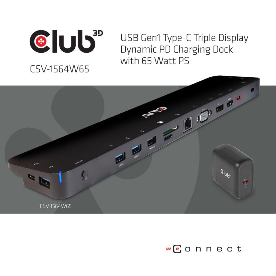 Club 3D USB Gen1 Type-C Triple Display Dynamic PD Charging Dock CSV-1564W65
