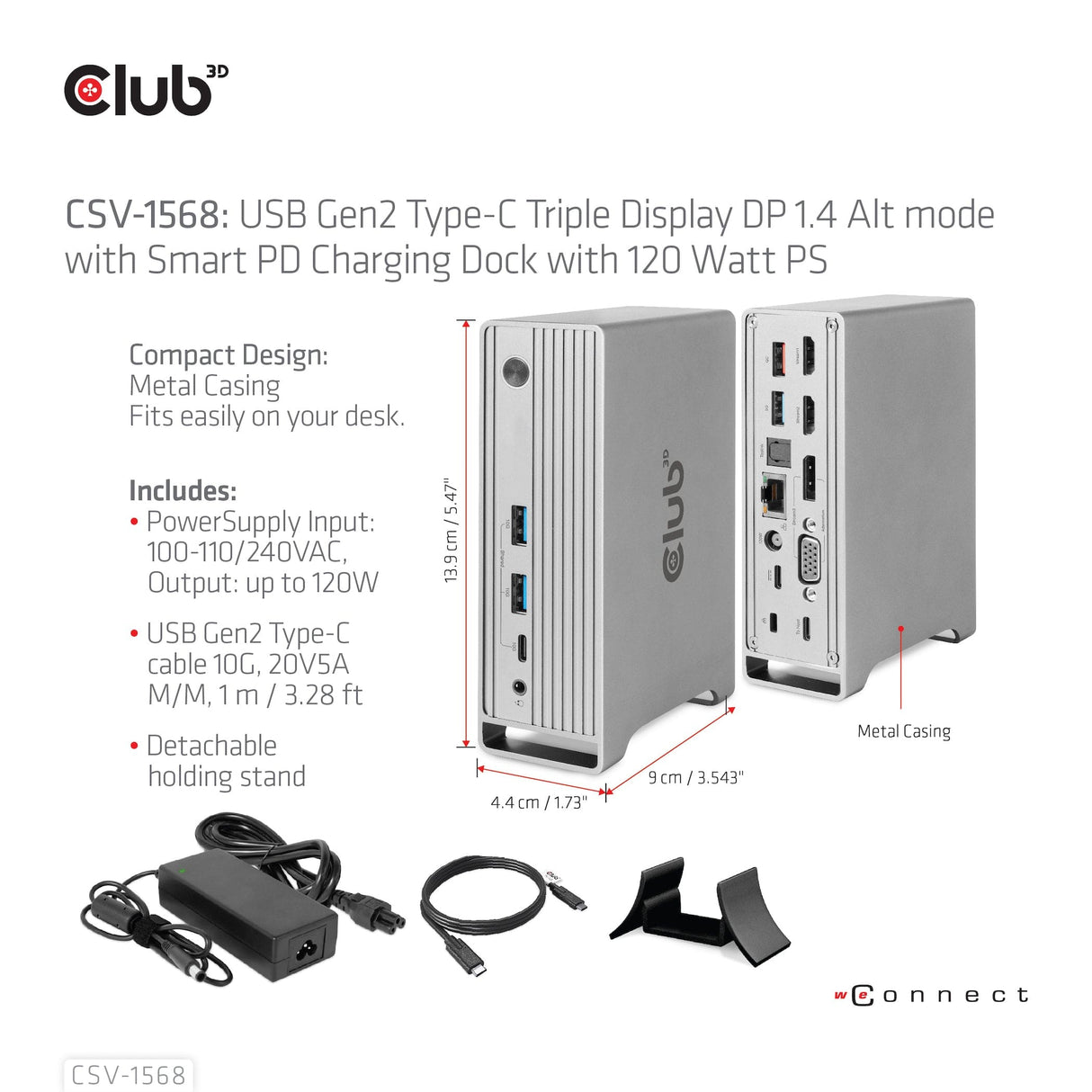 Club 3D USB Gen2 Type-C Triple Display DP Alt mode with Smart PD Charging Dock Station CSV-1568-CLUB3D