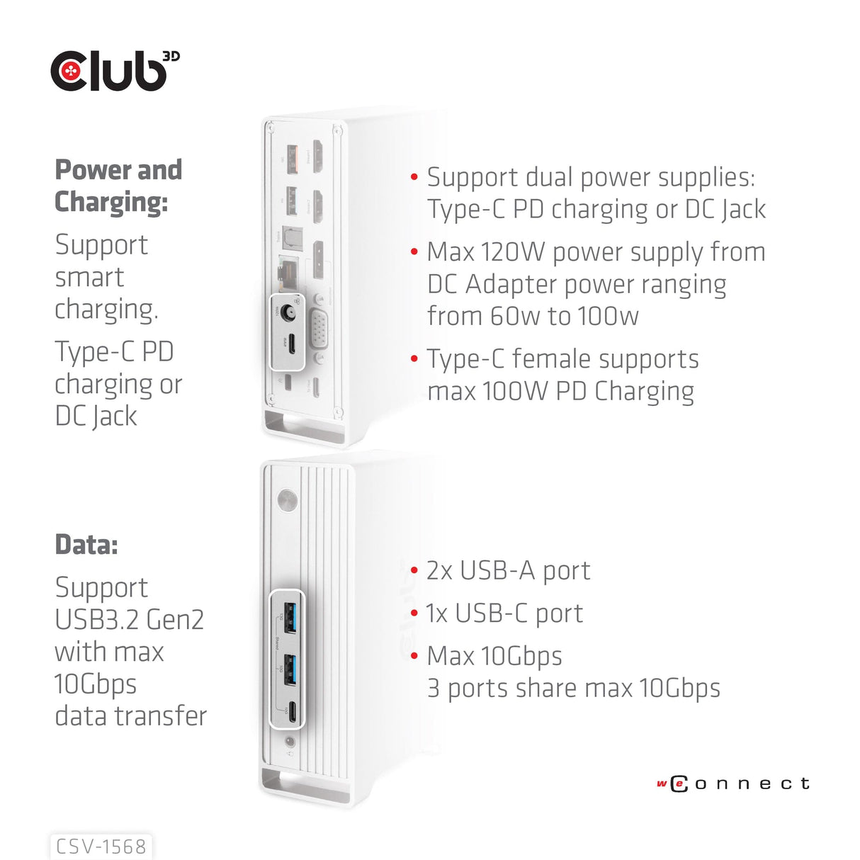Club 3D USB Gen2 Type-C Triple Display DP Alt mode with Smart PD Charging Dock Station CSV-1568-CLUB3D