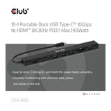 Club 3D 140Watt 10-in-1 USB-C 10Gbps to HDMI 8K30Hz PD3.1 Max Portable Dock CSV-2550