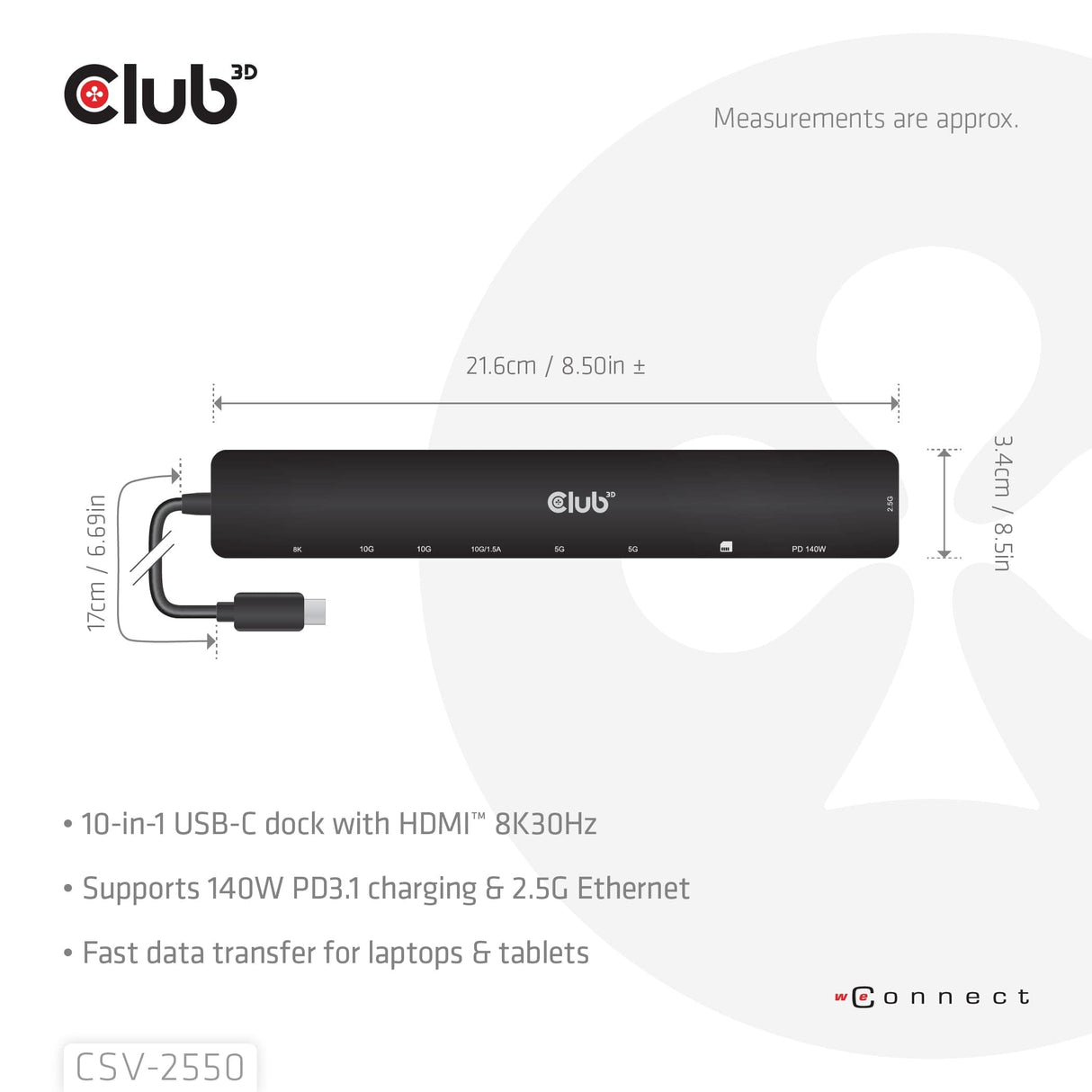 Club 3D 140Watt 10-in-1 USB-C 10Gbps to HDMI 8K30Hz PD3.1 Max Portable Dock CSV-2550