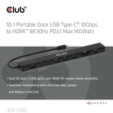 Club 3D 140Watt 10-in-1 USB-C 10Gbps to HDMI 8K30Hz PD3.1 Max Portable Dock CSV-2550