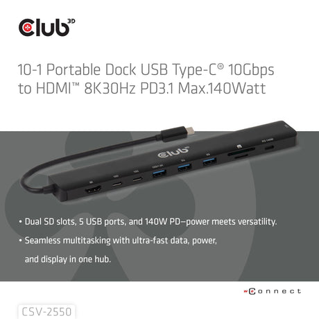 Club 3D 140Watt 10-in-1 USB-C 10Gbps to HDMI 8K30Hz PD3.1 Max Portable Dock CSV-2550