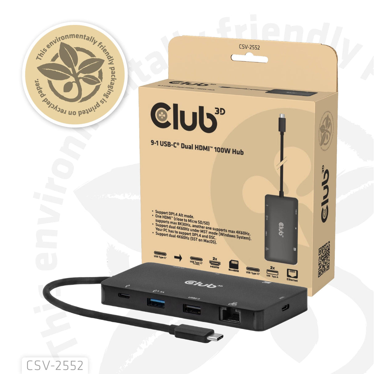 Club 3D 100W 9-in-1 Dual HDMI USB-C HUB PD3.0 Black CSV-2552